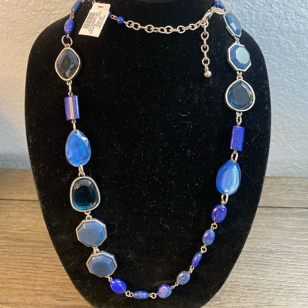 Chico’s NWT Necklace Blue Teal Costume Resin Silver Tone Chunk 42”